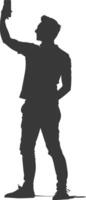 silhouette man taking selfie photo on smartphone with poses black color only vector