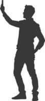 silhouette man taking selfie photo on smartphone with poses black color only vector