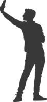 silhouette man taking selfie photo on smartphone with poses black color only vector