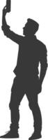 silhouette man taking selfie photo on smartphone with poses black color only vector