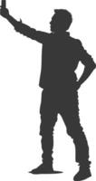 silhouette man taking selfie photo on smartphone with poses black color only vector
