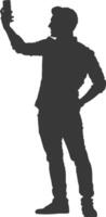 silhouette man taking selfie photo on smartphone with poses black color only vector