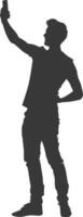 silhouette man taking selfie photo on smartphone with poses black color only vector
