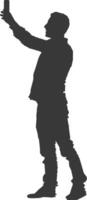 silhouette man taking selfie photo on smartphone with poses black color only vector
