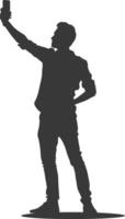 silhouette man taking selfie photo on smartphone with poses black color only vector