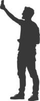 silhouette man taking selfie photo on smartphone with poses black color only vector