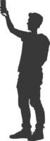 silhouette man taking selfie photo on smartphone with poses black color only vector
