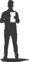 silhouette man shows a blank white screen smartphone cellphone black color only vector