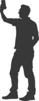 silhouette man taking selfie photo on smartphone with poses black color only vector