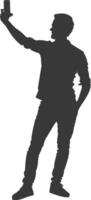 silhouette man taking selfie photo on smartphone with poses black color only vector