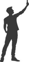 silhouette man taking selfie photo on smartphone with poses black color only vector