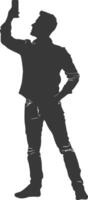 silhouette man taking selfie photo on smartphone with poses black color only vector