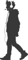 silhouette man walking while listening to headset black color only vector