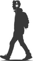 silhouette man walking while listening to headset black color only vector