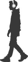silhouette man walking while listening to headset black color only vector