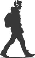 silhouette man walking while listening to headset black color only vector