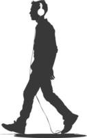 silhouette man walking while listening to headset black color only vector