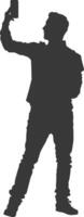 silhouette man taking selfie photo on smartphone with poses black color only vector