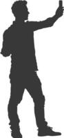 silhouette man taking selfie photo on smartphone with poses black color only vector