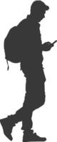 silhouette man walking while playing on smartphone black color only vector