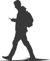 silhouette man walking while playing on smartphone black color only vector