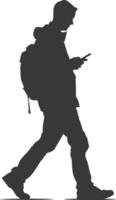 silhouette man walking while playing on smartphone black color only vector