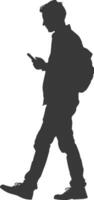 silhouette man walking while playing on smartphone black color only vector