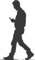 silhouette man walking while playing on smartphone black color only vector