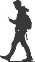 silhouette man walking while playing on smartphone black color only vector