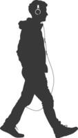 silhouette man walking while listening to headset black color only vector