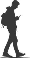 silhouette man walking while playing on smartphone black color only vector