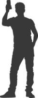 silhouette man taking selfie photo on smartphone with poses black color only vector