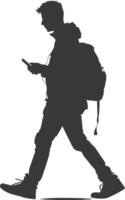 silhouette man walking while playing on smartphone black color only vector