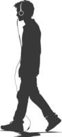 silhouette man walking while listening to headset black color only vector