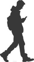 silhouette man walking while playing on smartphone black color only vector