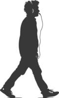 silhouette man walking while listening to headset black color only vector