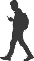 silhouette man walking while playing on smartphone black color only vector
