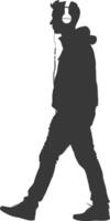 silhouette man walking while listening to headset black color only vector