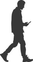 silhouette man walking while playing on smartphone black color only vector