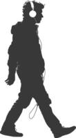 silhouette man walking while listening to headset black color only vector