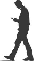 silhouette man walking while playing on smartphone black color only vector