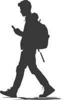silhouette man walking while playing on smartphone black color only vector