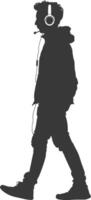 silhouette man walking while listening to headset black color only vector