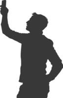 silhouette man taking selfie photo on smartphone with poses black color only vector