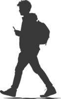 silhouette man walking while playing on smartphone black color only vector