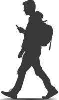 silhouette man walking while playing on smartphone black color only vector