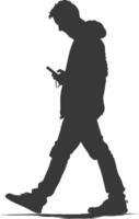 silhouette man walking while playing on smartphone black color only vector