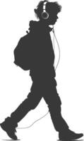 silhouette man walking while listening to headset black color only vector