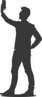 silhouette man taking selfie photo on smartphone with poses black color only vector