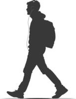 silhouette man walking while listening to headset black color only vector